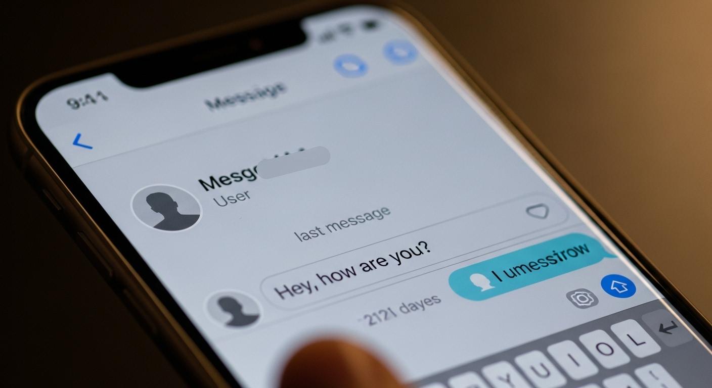 Un écran de smartphone affichant une conversation sur une application de rencontre, où le dernier message reste sans réponse, la photo de profil de l’interlocuteur ayant disparu brusquement.