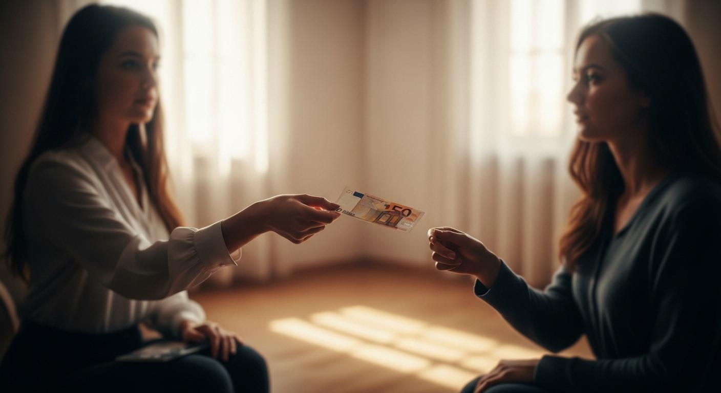 Une femme inconnue tend un billet de banque à une personne, dans une pièce baignée d’une lumière douce, les visages à moitié flous pour évoquer la dimension onirique de la scène.