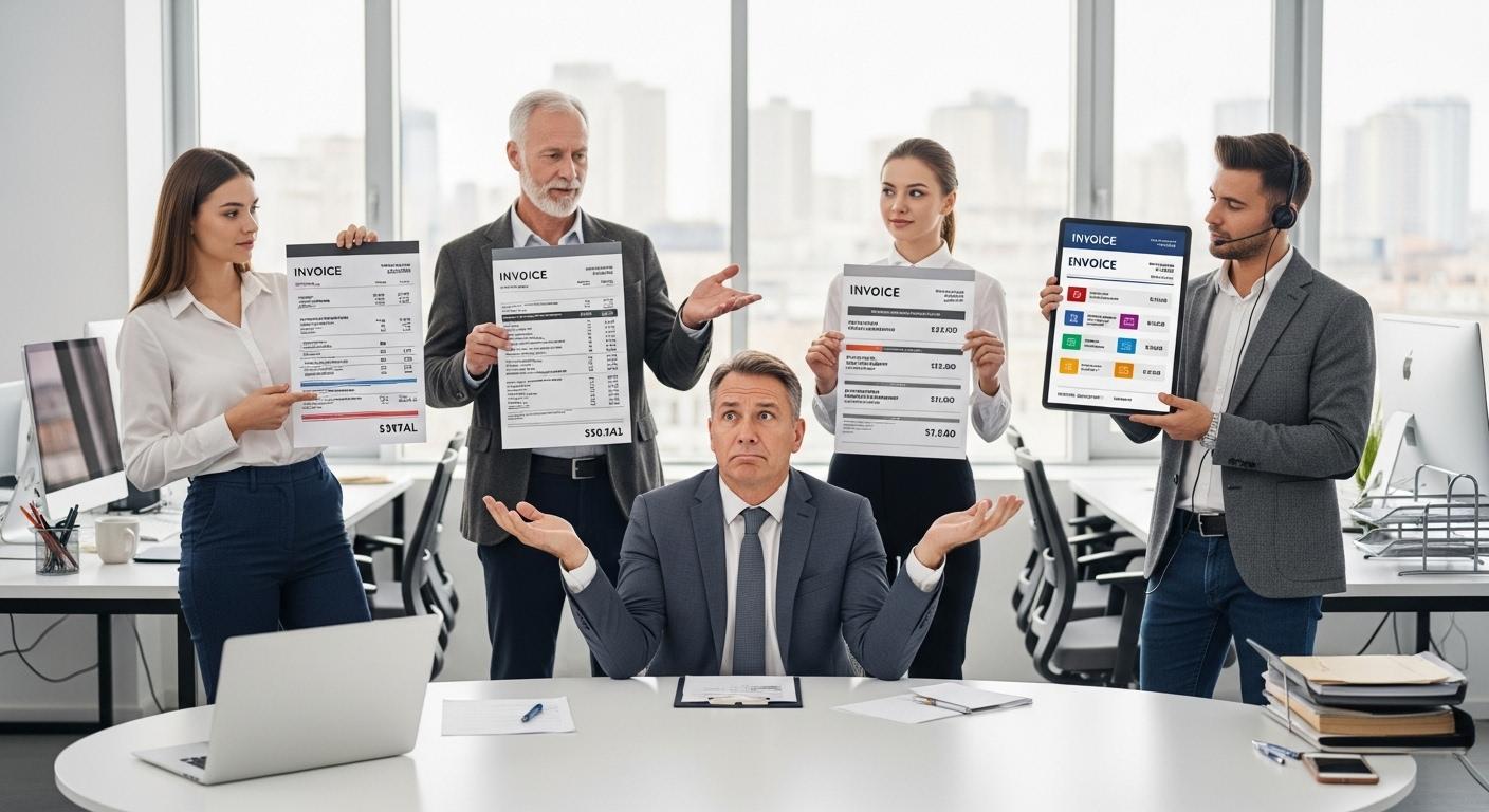 Un bureau avec plusieurs prestataires de rédaction, chacun montrant une facture différente à un client perplexe, illustrant les écarts de prix et la diversité des offres.