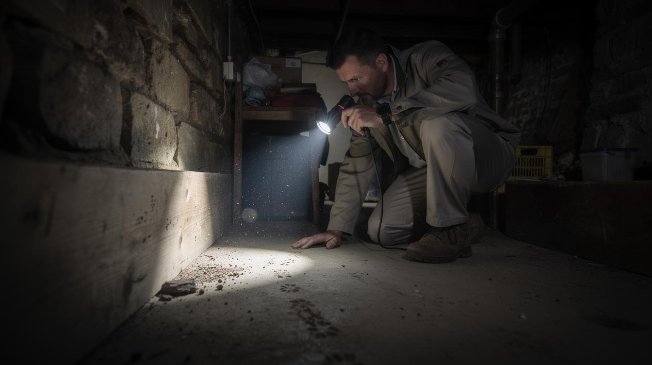 Un homme inspecte minutieusement une cave sombre, muni d'une lampe torche, à la recherche de traces de rongeurs sur le sol poussiéreux et les plinthes.