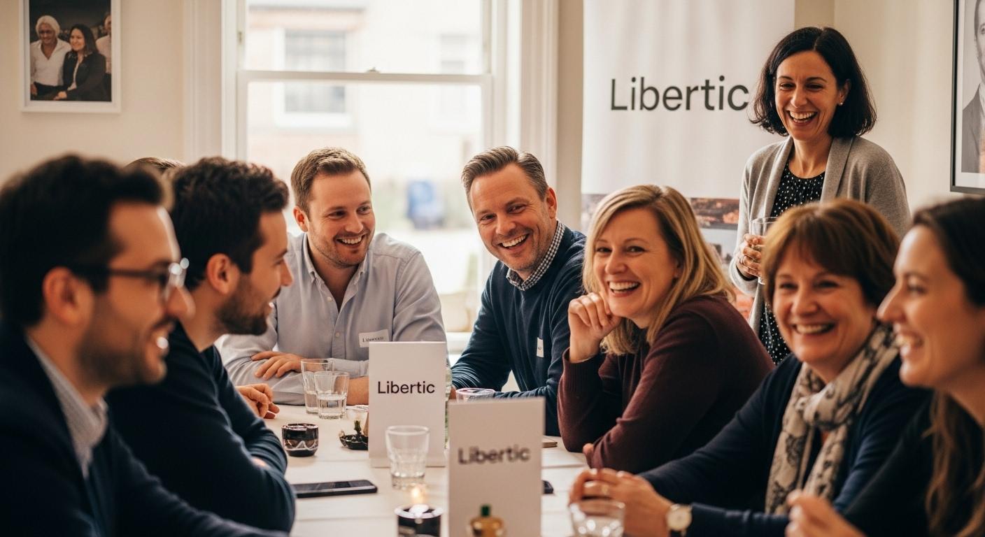 Groupe de personnes adultes souriantes, réunies autour d’une table dans un espace convivial, en train de discuter, symbolisant la communauté Libertic lors d’un événement réel