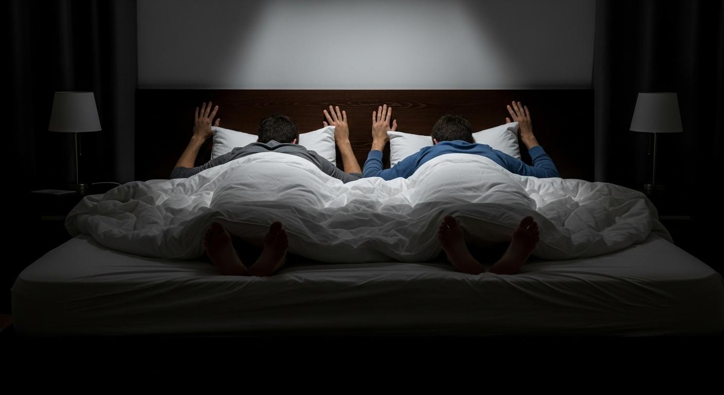 Deux personnes allongées dans un lit conjugal, tournées dos à dos dans la pénombre, leurs mains posées chacune de leur côté, mais leurs pieds se touchant légèrement sous la couette, traduisant la distance et la proximité mêlées après la rupture.