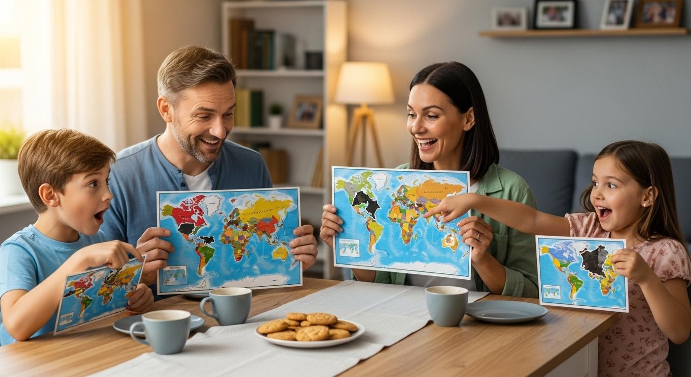 Une famille réunie autour d’une table, des sourires sur les visages, chacun tenant une carte à gratter colorée, concentré sur la découverte de la destination surprise.