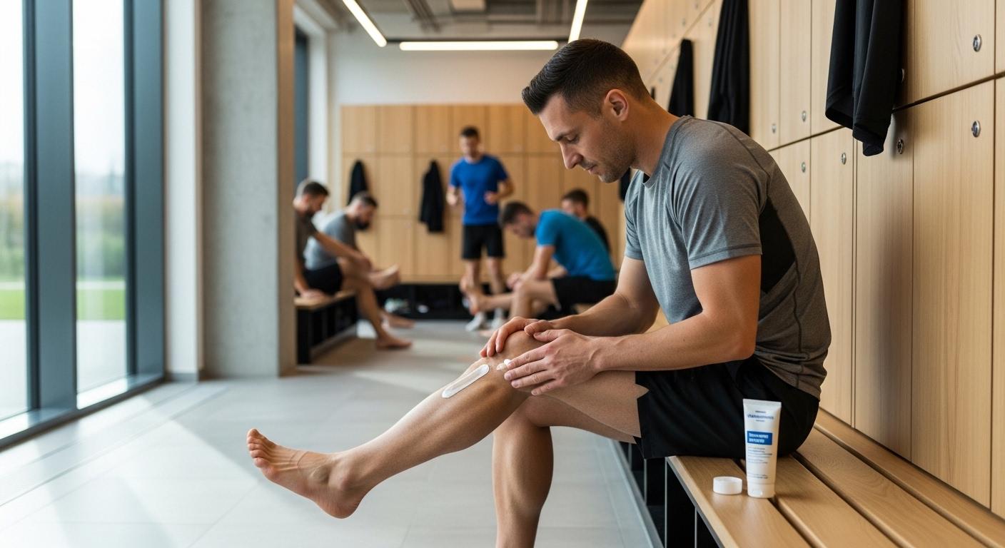 Un sportif applique une noisette de crème chauffante sur son mollet dans un vestiaire moderne, la lumière naturelle souligne une ambiance apaisée et sans odeur, tandis que d'autres s'échauffent paisiblement autour.