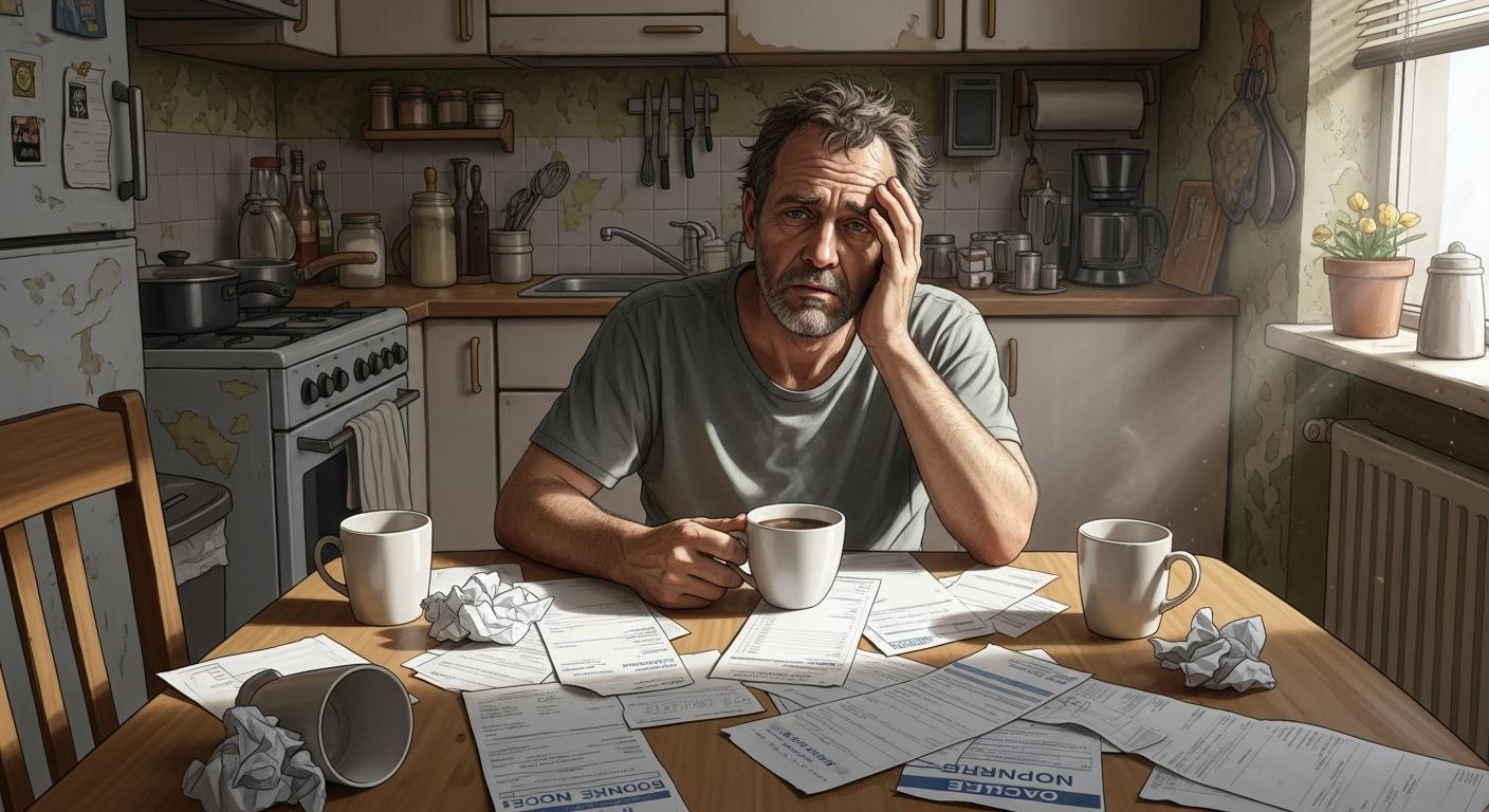 Un homme assis à sa table de cuisine, entouré de factures ouvertes et de lettres de relance, l’air préoccupé, une tasse de café à la main, dans un appartement modeste éclairé par la lumière du matin.