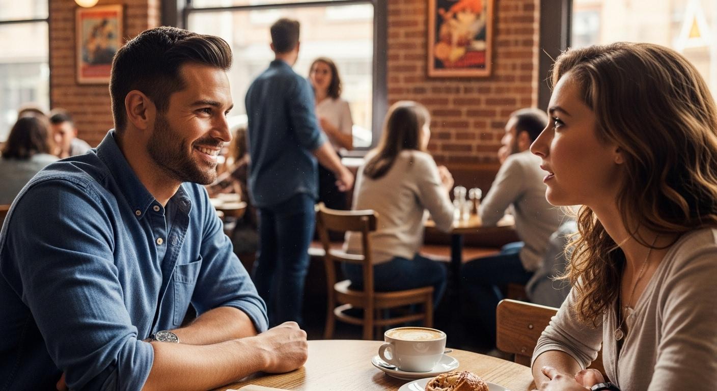Un homme et une femme assis face à face dans un café animé, l’homme regarde la femme avec un sourire sincère et une posture ouverte, tandis qu’elle l’observe attentivement, illustrant la tension et l’importance de la première impression dans un lieu public.