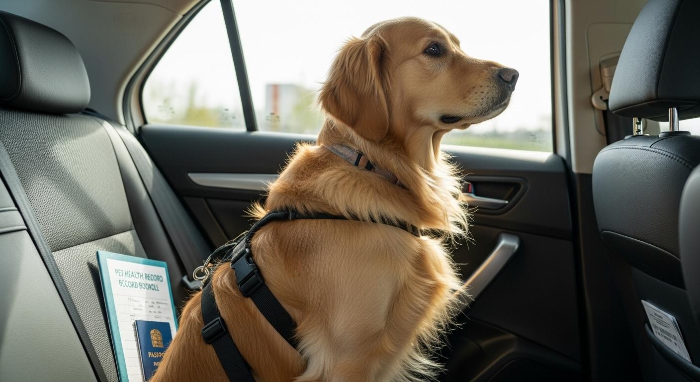 Un chien assis sur la banquette arrière d'une voiture, harnais de sécurité attaché, truffe à la fenêtre entrouverte, carnet de santé et passeport visibles sur le siège à côté, prêt pour le départ.