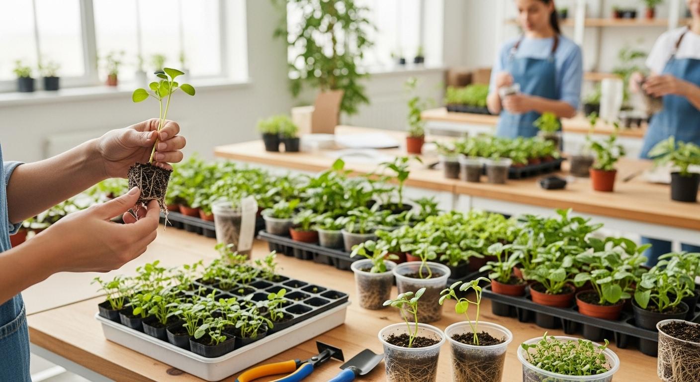 Gros plan sur un employé en train de vérifier la fraîcheur et la qualité des racines de jeunes plants dans un atelier lumineux, avec des tables de travail couvertes de végétaux variés prêts à l'expédition.