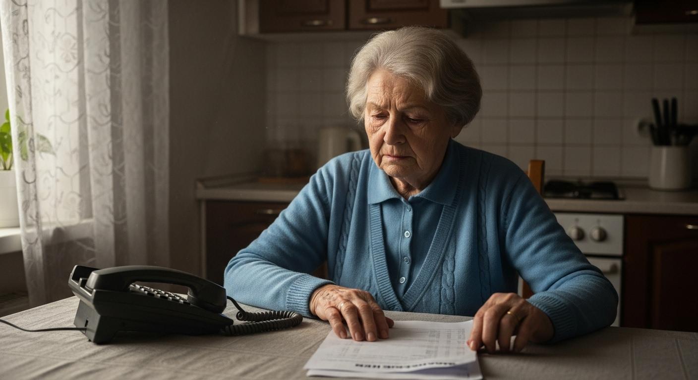 Une femme âgée assise à sa table de cuisine regarde avec inquiétude son relevé bancaire, un téléphone posé à côté d’elle, l’expression sur son visage mêle tristesse et incompréhension, dans une lumière douce du matin.