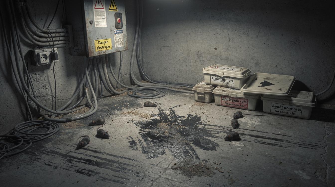 Un local technique sombre avec des fils électriques apparents, des traces noires sur le sol et des boîtes d'appât posées dans un coin, témoignage visuel d'une lutte active contre une infestation de rats.