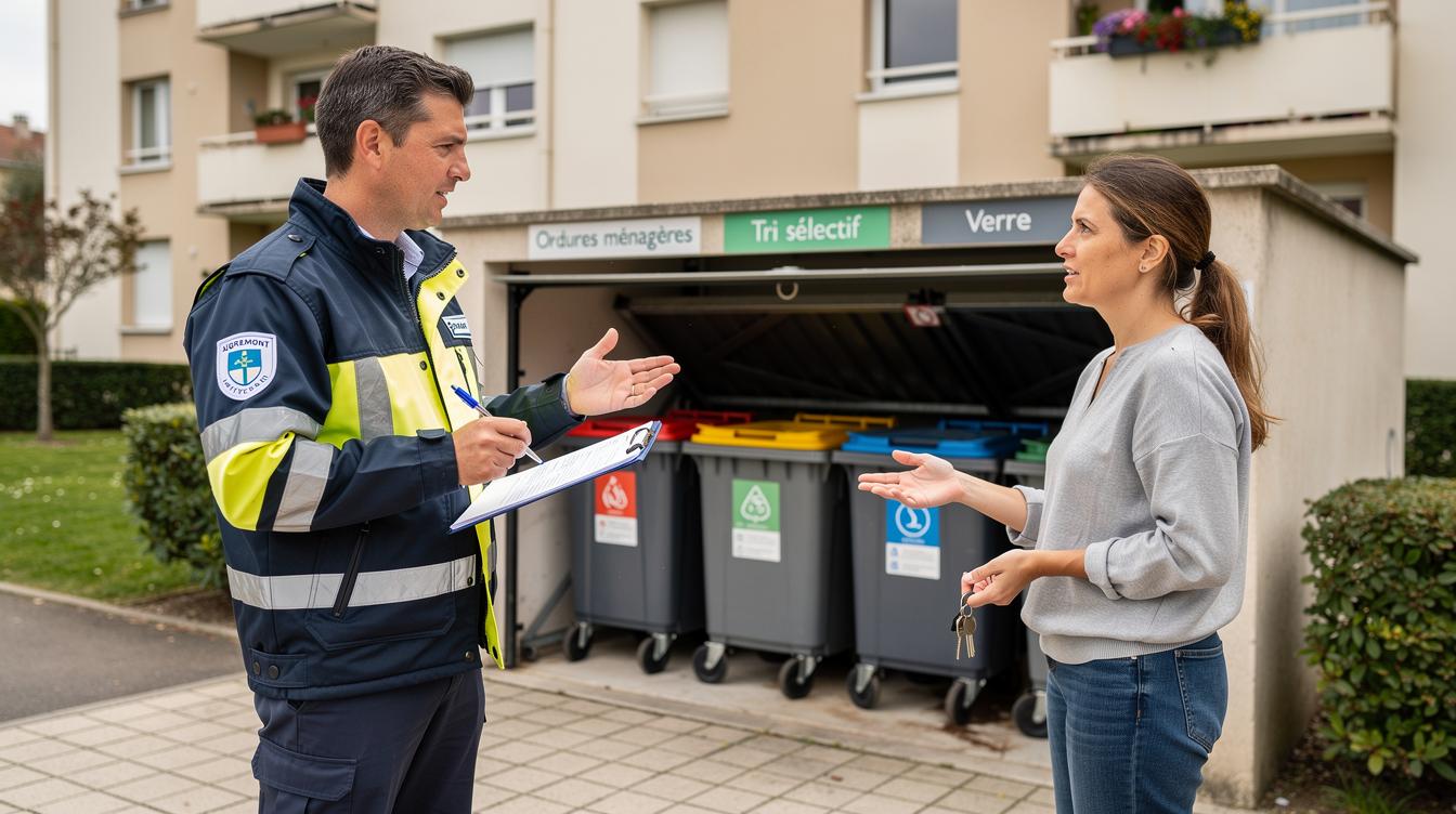 Un agent du service d’hygiène de la mairie d’Aigremont échange avec une habitante devant un immeuble en inspectant un local à poubelles lors d’une ronde de prévention.