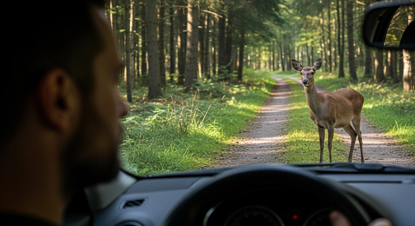 Un conducteur à l’arrêt observe, à travers la vitre de sa voiture, une biche immobile qui le fixe calmement sur une petite route forestière, la scène baignée de silence et d’émotion.