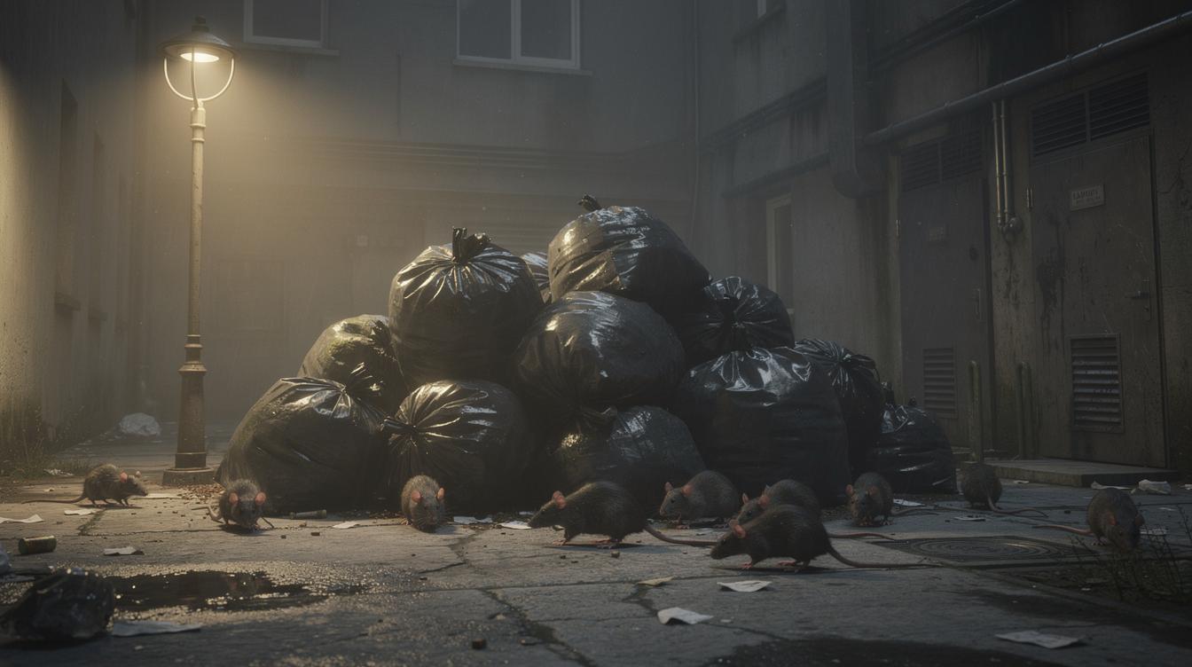 Un tas de sacs-poubelle entassés dans une cour d'immeuble la nuit, avec des rats qui s'aventurent autour dans la lumière tamisée d'un lampadaire, près de locaux techniques sombres et humides.