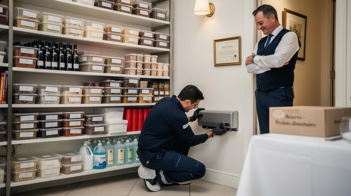 Un professionnel de la dératisation en combinaison de travail intervenant discrètement dans la réserve d'un restaurant versaillais, installant un boîtier sécurisé près d'une plinthe, sous le regard soulagé du gérant.