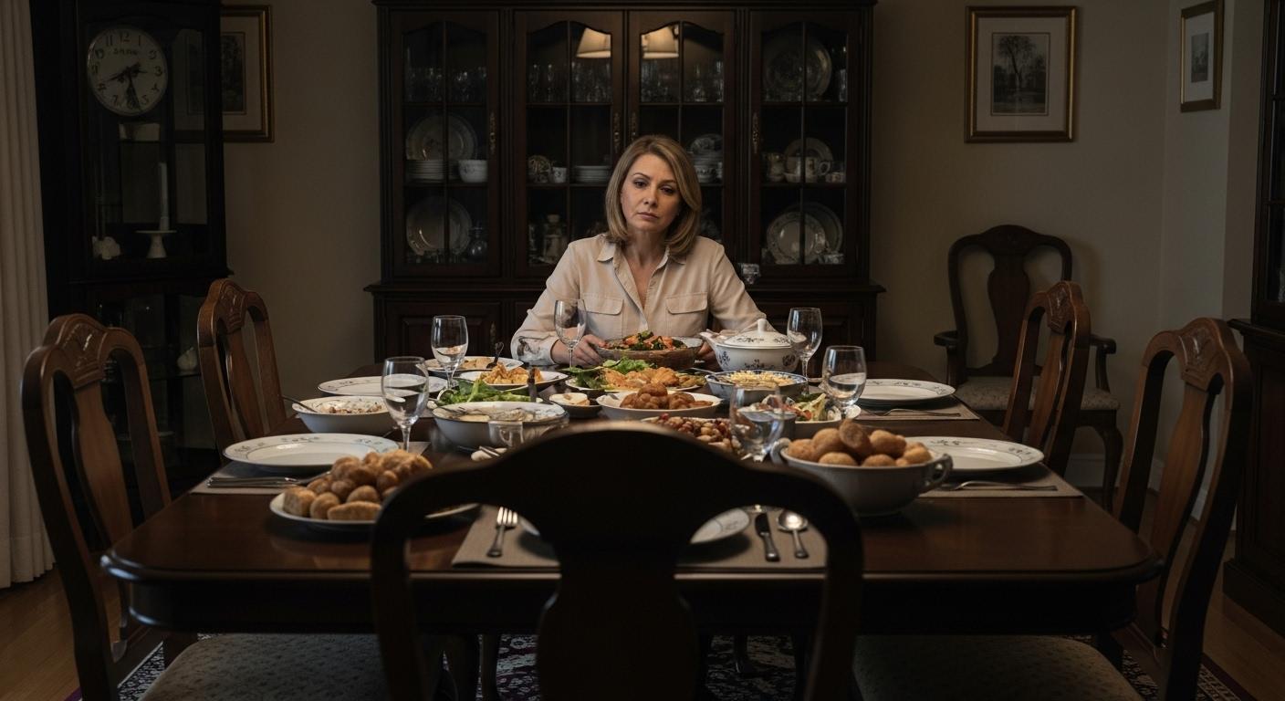 Table familiale dressée pour un repas, plusieurs chaises vides, une mère assise seule, l’air préoccupé, regardant une chaise vide en face d’elle, symbolisant l’absence et la distance avec sa fille adulte.
