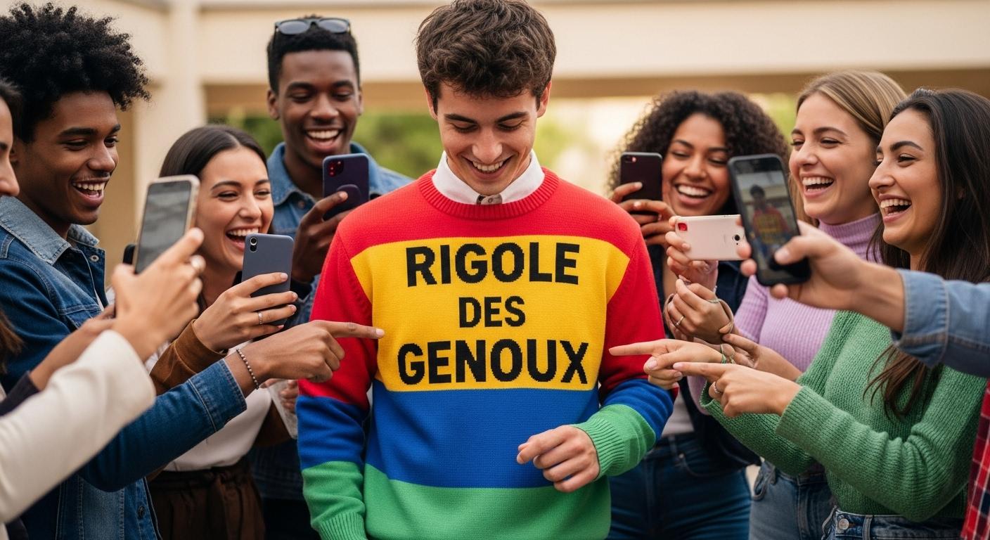 Un jeune portant un pull coloré avec l’inscription « rigole des genoux » en gros caractères, entouré de camarades qui le prennent en photo ou pointent le slogan en riant.