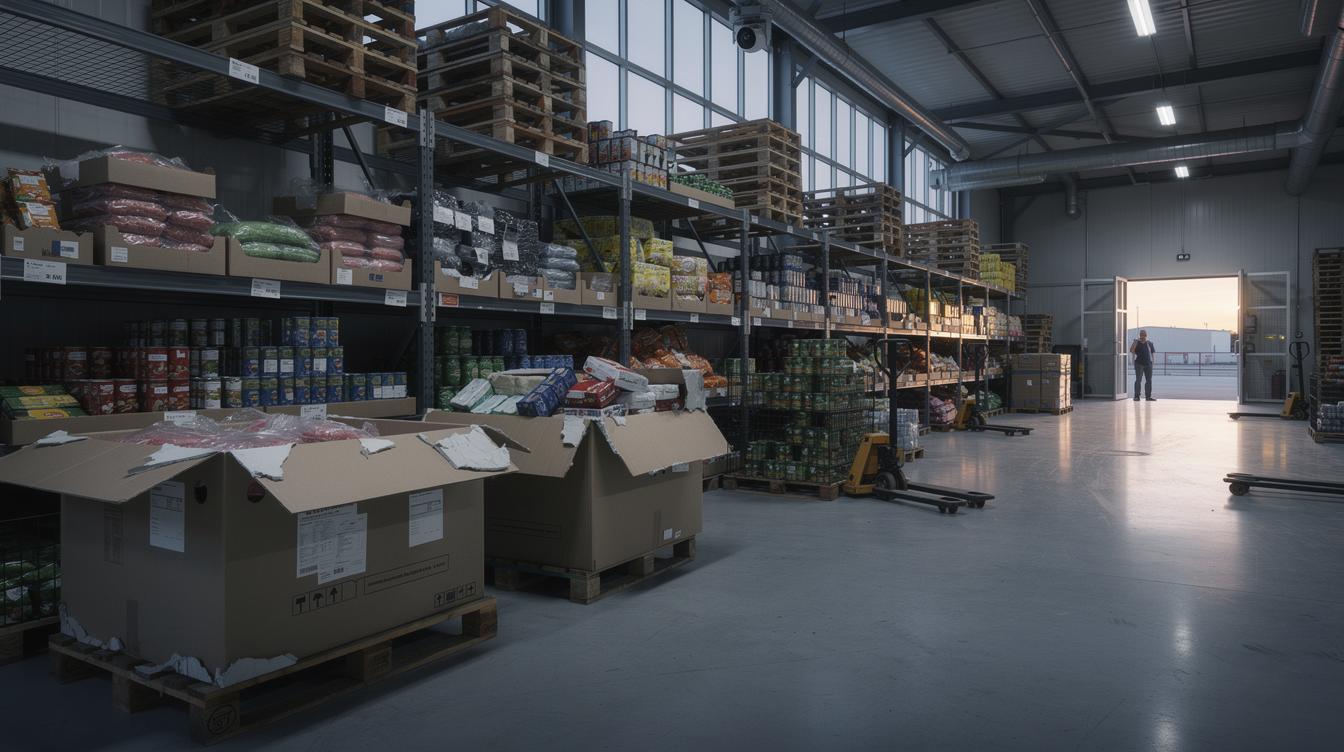 Rayonnage d'un entrepôt alimentaire à Rungis où des suremballages ouverts laissent apparaître des denrées, avec un éclairage matinal, des palettes empilées et des accès faiblement surveillés.