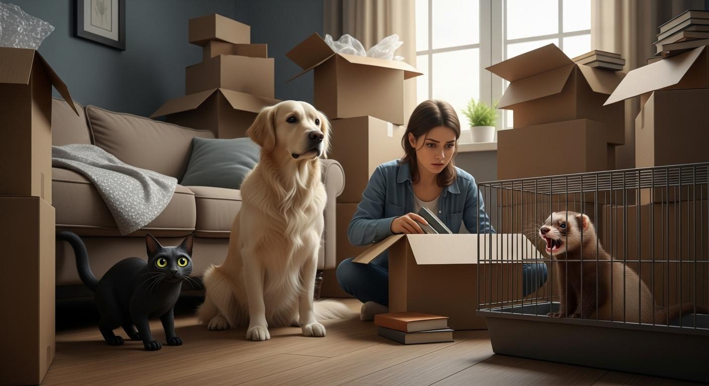 Dans un salon à moitié rempli de cartons, un chat tapi sous un canapé, un chien assis près de sa maîtresse, l’air inquiet, et un furet qui mordille les barreaux de sa cage, incarnent les signes visibles de stress après un déménagement.