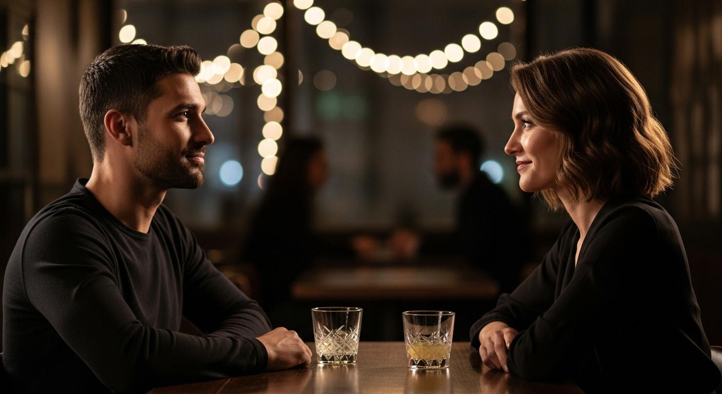 Un homme et une femme assis à une table de bar, échangeant un regard subtil, chacun affichant une posture assurée, l’homme gardant un sourire calme et confiant, la femme attentive et légèrement souriante, une lumière tamisée créant une ambiance chaleureuse en arrière-plan.