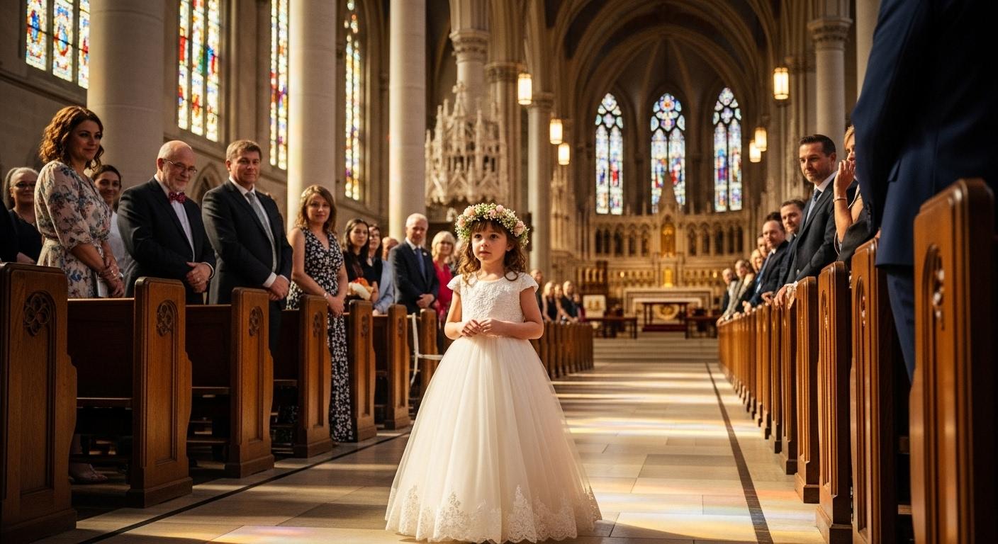 Une fillette traverse la nef d'une église, vêtue d'une robe en tulle ivoire et couronnée de fleurs, sous les regards émus des invités assis sur les bancs, baignée d'une lumière douce filtrant à travers les vitraux.