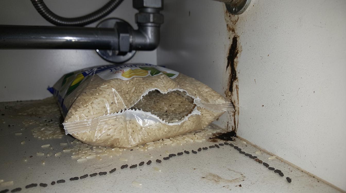 Un paquet de riz éventré et grignoté par des dents de rongeur, des excréments noirs alignés sous un évier en cuisine, et une traînée sombre sur le mur à proximité.