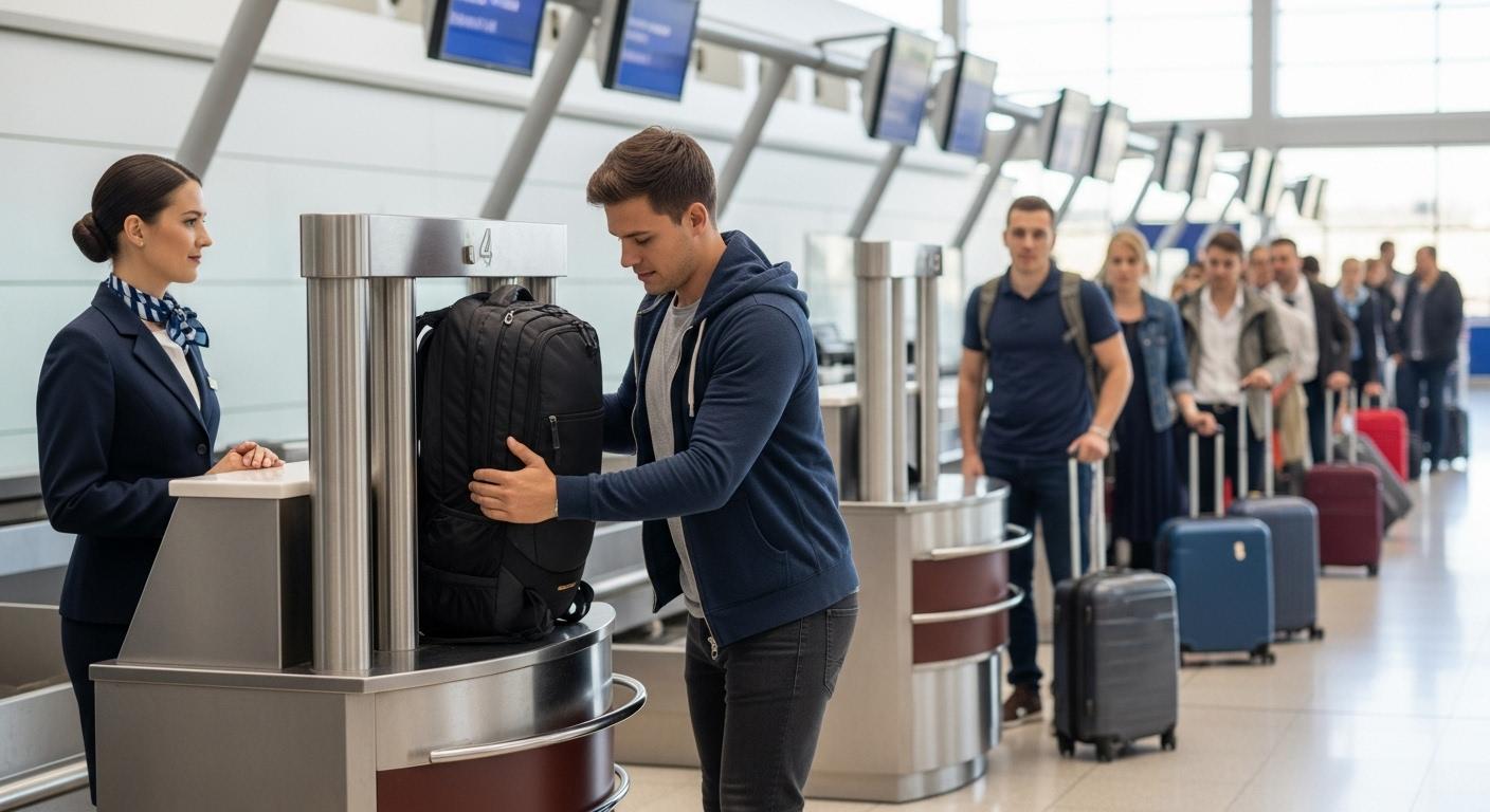 Un voyageur debout dans un aéroport, posant son sac à dos compact dans le gabarit métallique de contrôle bagage, sous l'œil attentif d'un agent, pendant que la file d’attente s’étire derrière lui.