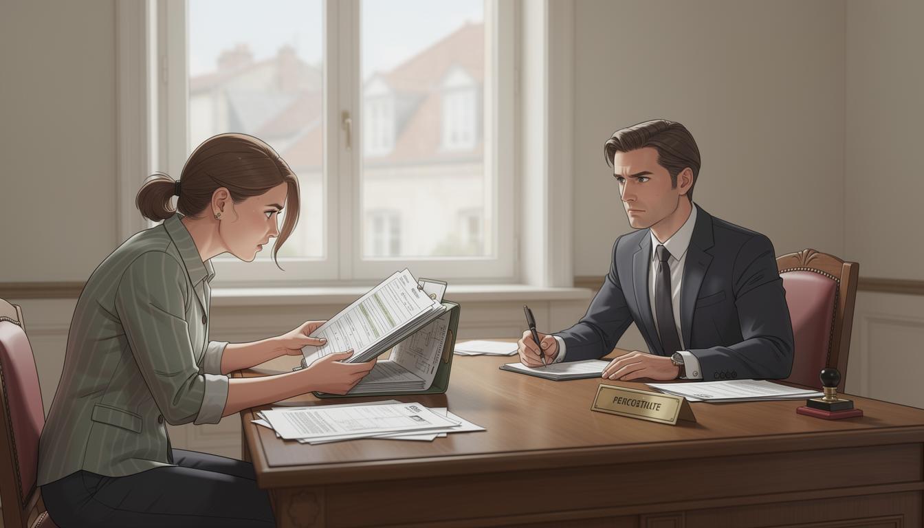 Une propriétaire feuillette un dossier à la mairie pour changer ses menuiseries extérieures