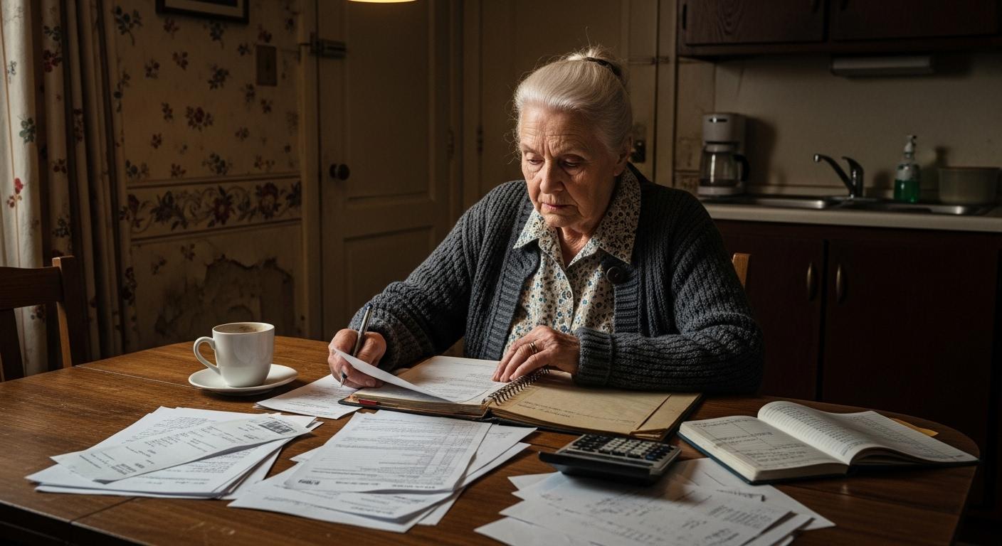 Une retraitée regarde attentivement ses factures et son carnet de comptes à la table de sa cuisine modeste, entourée de papiers et d’une tasse de café refroidie.
