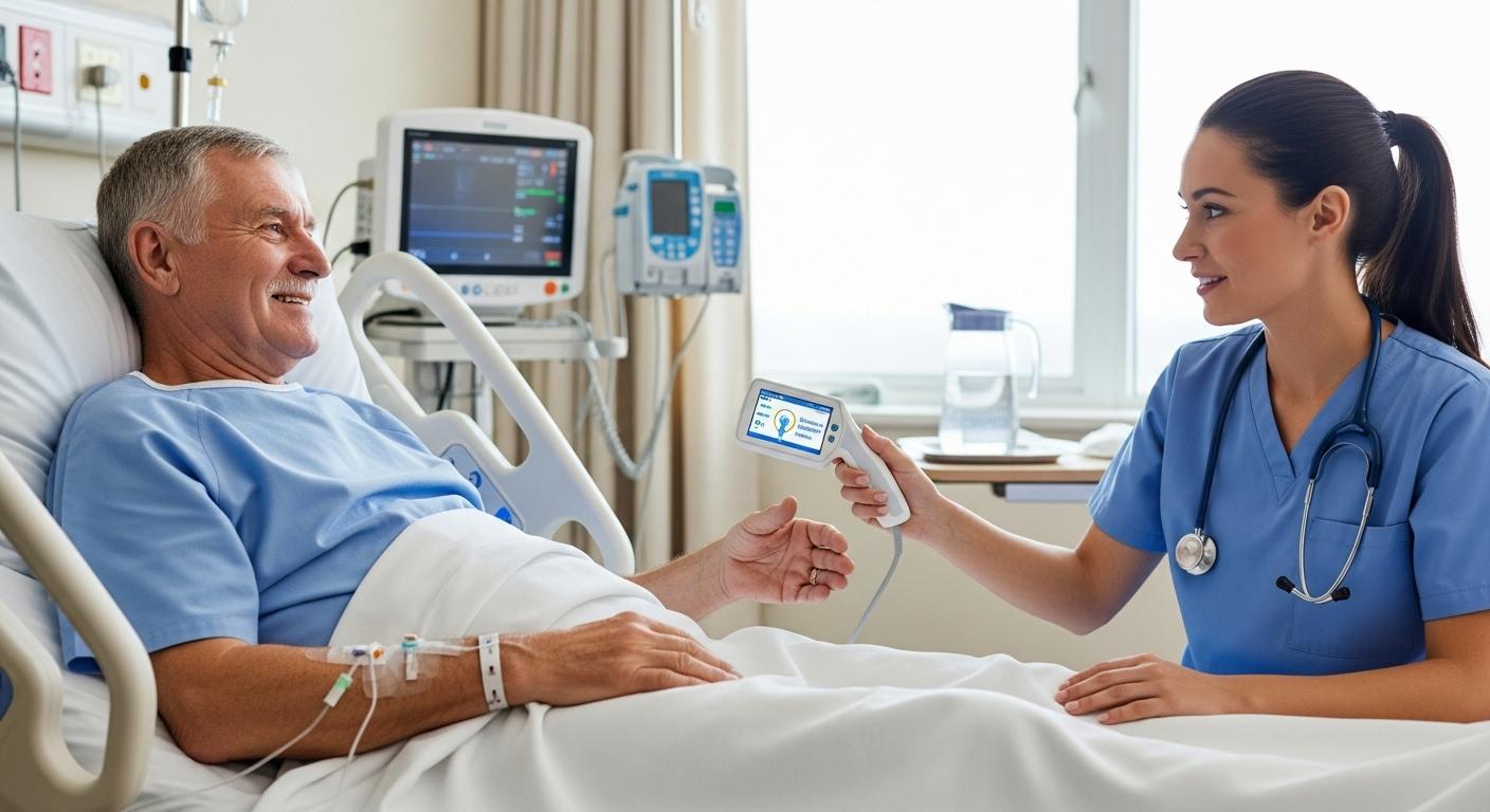 Un homme d’une soixantaine d’années, allongé sur un lit d’hôpital, adresse un sourire soulagé à une infirmière qui lui tend la main, après avoir effectué un examen indolore avec un bladder scan.