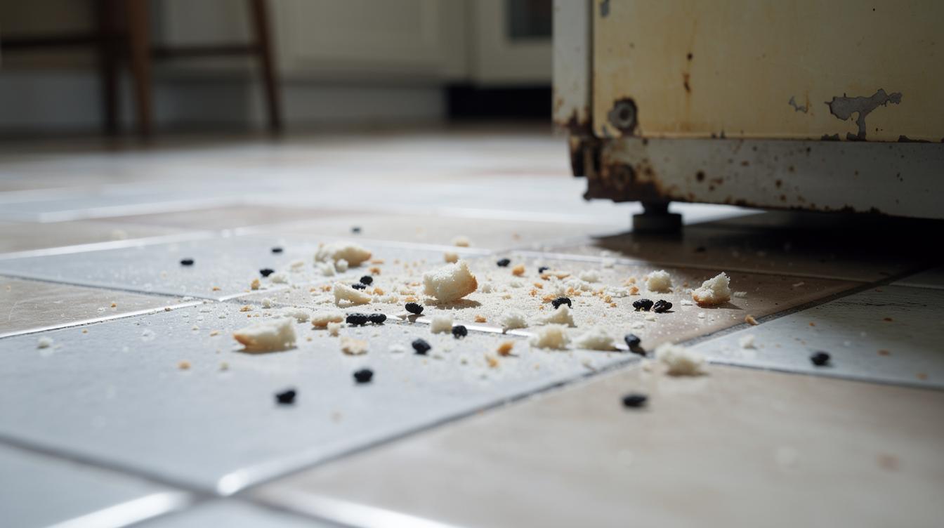 Des miettes de pain et des crottes noires visibles sur le carrelage d'une cuisine, près d'un vieux congélateur, révélant la présence de rongeurs dans une maison de Palaiseau.