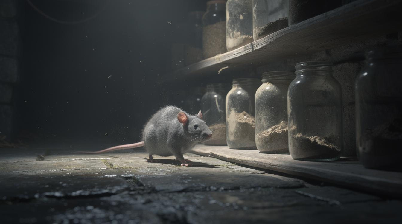 Un rat gris surgit dans la pénombre d'une cave humide, passant furtivement près de bocaux poussiéreux posés sur des étagères en bois.
