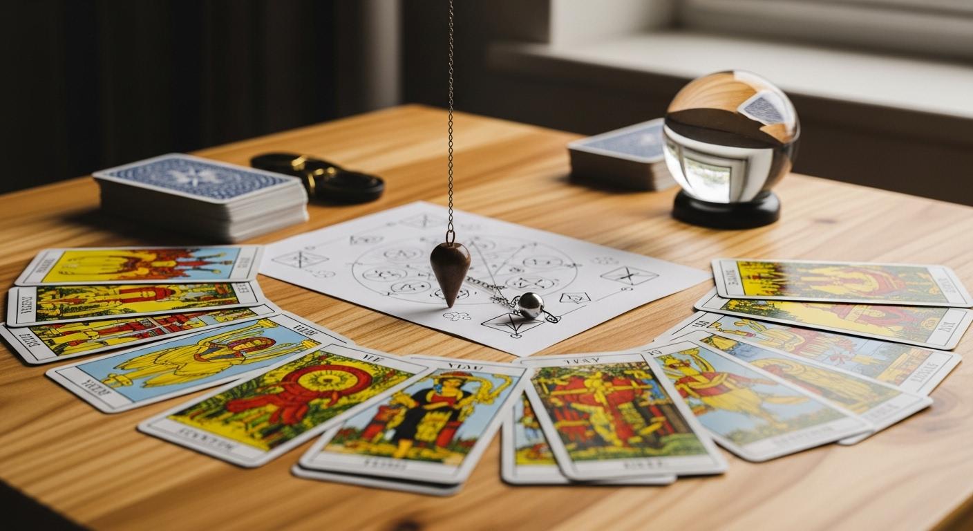 Une table en bois clair, sur laquelle sont posées un jeu de tarot coloré, un pendule suspendu au-dessus d’une feuille, et une boule de cristal transparente, éclairée par la lumière douce d’une fenêtre.