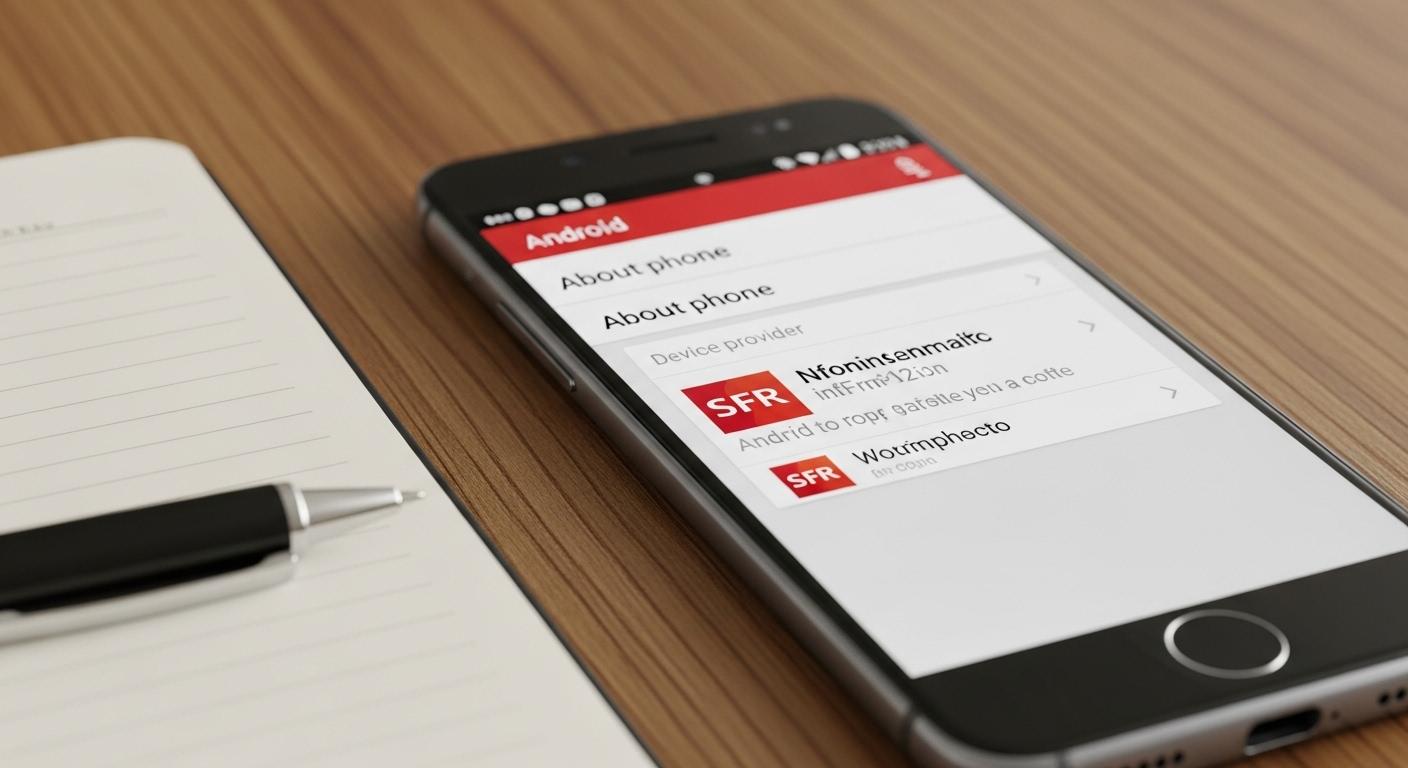 Un gros plan sur l’écran d’un smartphone Android affichant la section « À propos du téléphone », avec le numéro SFR bien visible, posé sur une table en bois à côté d’un carnet et d’un stylo.