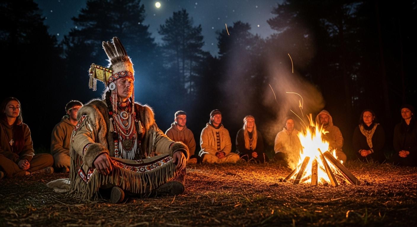 Un chamane sibérien en tenue traditionnelle, assis autour d’un feu dans une clairière, entouré de participants en cercle, la nuit tombée, illustrant un rituel de médiumnité ancestral.