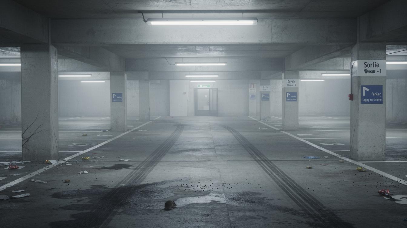 Un parking souterrain à Lagny-sur-Marne, sol en béton marqué de traces noires, lumière artificielle blafarde, présence discrète de détritus et indices de rongeurs au sol, ambiance silencieuse et légèrement inquiétante.
