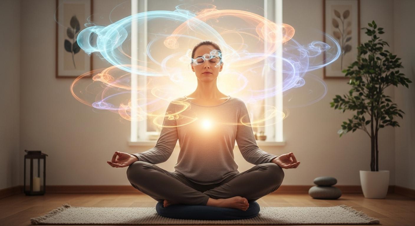 Une personne assise en méditation dans une pièce paisible, les yeux fermés, entourée d’une lumière douce, semblant percevoir mentalement des formes ou des couleurs invisibles aux autres.