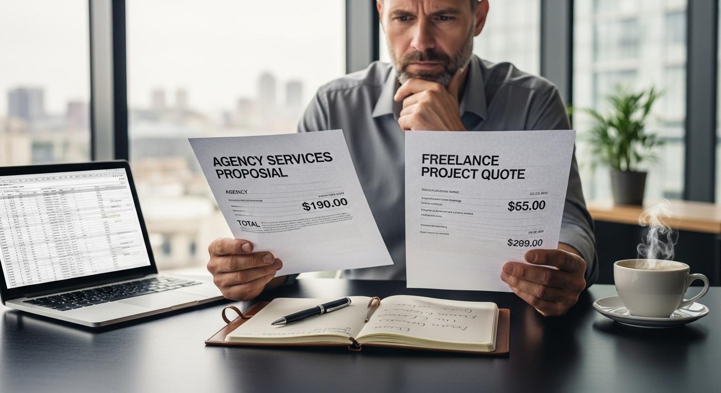 Deux devis posés sur un bureau, l'un d'une agence avec un montant élevé, l'autre d'un freelance affichant un prix nettement inférieur, un chef d'entreprise les compare, l'air pensif, entouré d'un ordinateur portable, d'un carnet et d'une tasse de café.