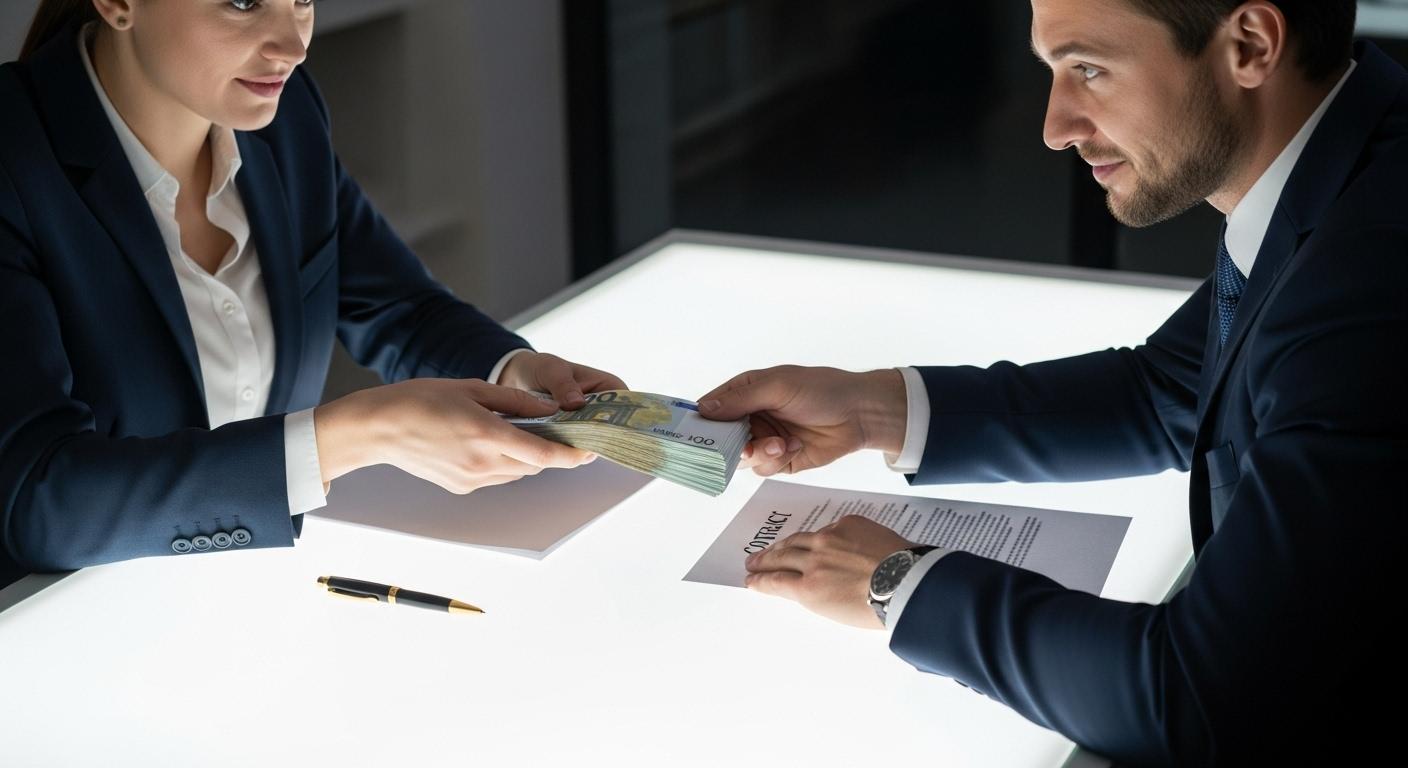 Deux personnes d'affaires en pleine signature de contrat, l'une tendant une liasse de billets ou un chèque à l'autre, sur un bureau lumineux, ambiance de tension et d'engagement.