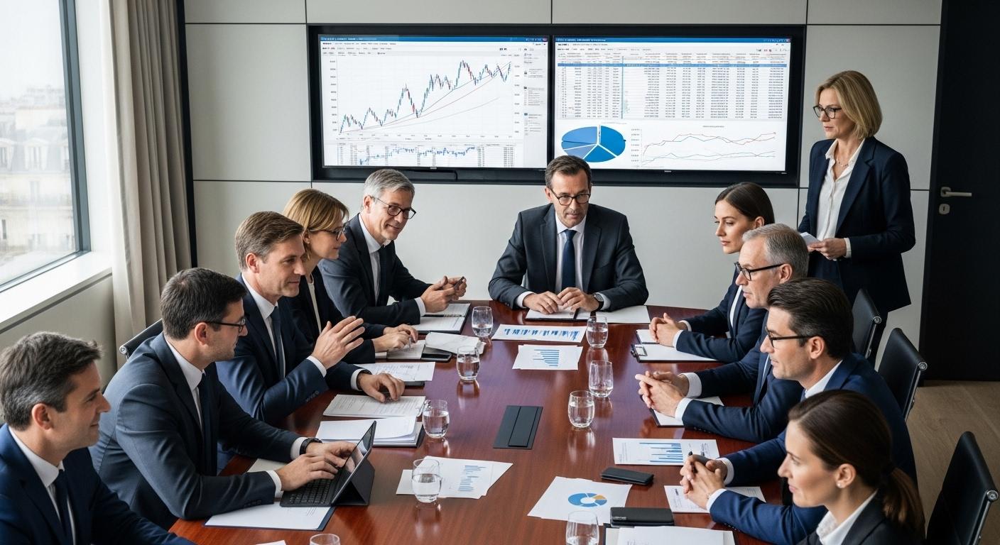 Des dirigeants de grandes banques françaises réunis autour d’une grande table de réunion, discutant devant des documents financiers et des écrans affichant des graphiques, dans une ambiance sérieuse.