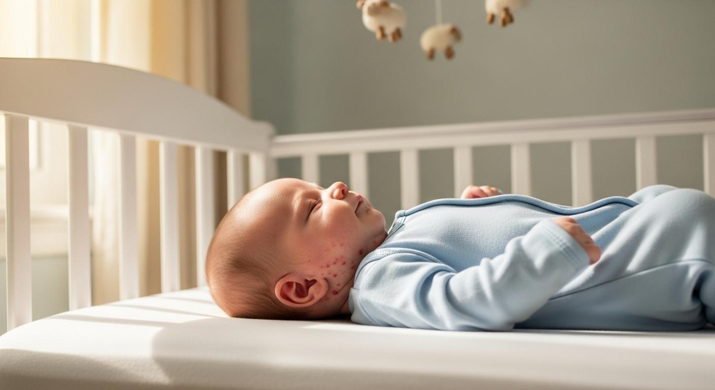 Un bébé de 1 mois allongé dans son berceau, la tête légèrement tournée, montrant de petits boutons rouges visibles dans les plis de son cou, dans une chambre lumineuse et paisible.
