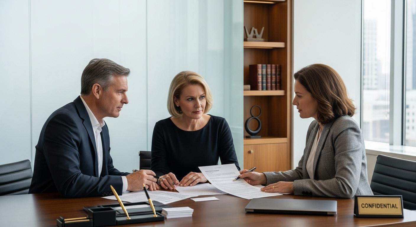 Deux clients élégants assis dans un bureau moderne face à un conseiller financier, discutant sérieusement de documents patrimoniaux, entourés d’éléments symbolisant la confidentialité et la confiance.