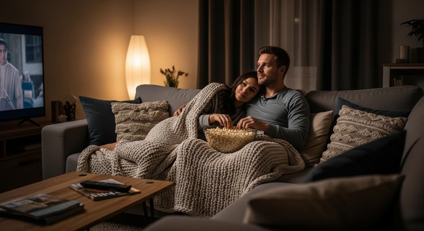 Un couple installé sur un canapé dans un salon tamisé, emmitouflé sous un plaid avec un bol de pop-corn entre eux, regardant un film sur la télévision en arrière-plan, ambiance chaleureuse et détendue.