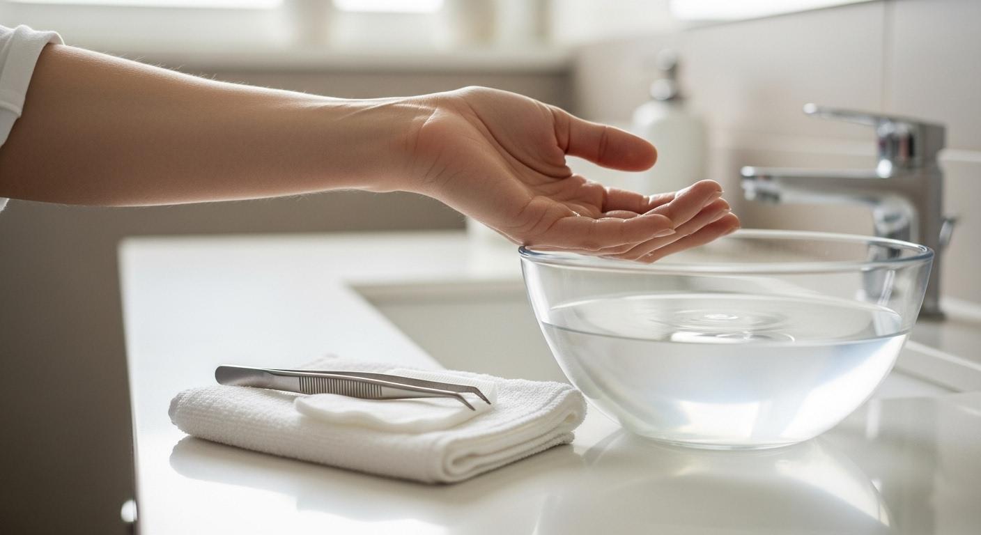 Une main plongée dans un bol d’eau tiède, avec à côté une pince à épiler et une compresse propre posées sur une serviette blanche, dans une salle de bain lumineuse.