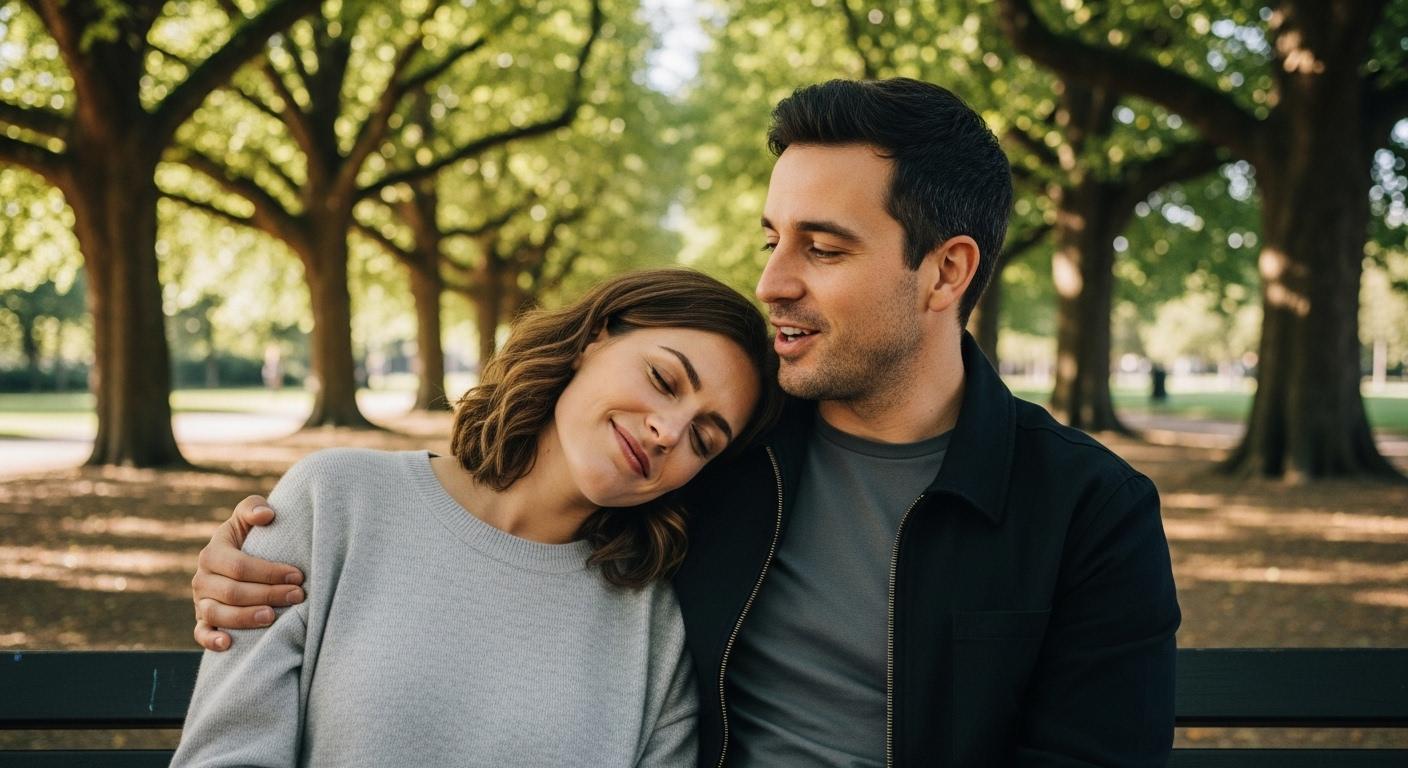 Une femme et un homme assis côte à côte sur un banc dans un parc, partageant un câlin complice sous les arbres, visage apaisé, en pleine conversation amicale