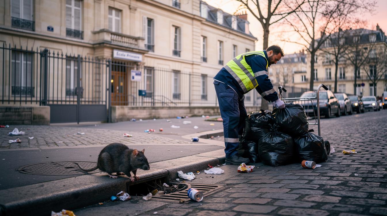 Scène de l'aube à Versailles avec un éboueur ramassant des sacs poubelles près des trottoirs, des détritus éparpillés aux abords d'une école, alors qu'un rat en profite pour sortir discrètement d'une bouche d'égout.