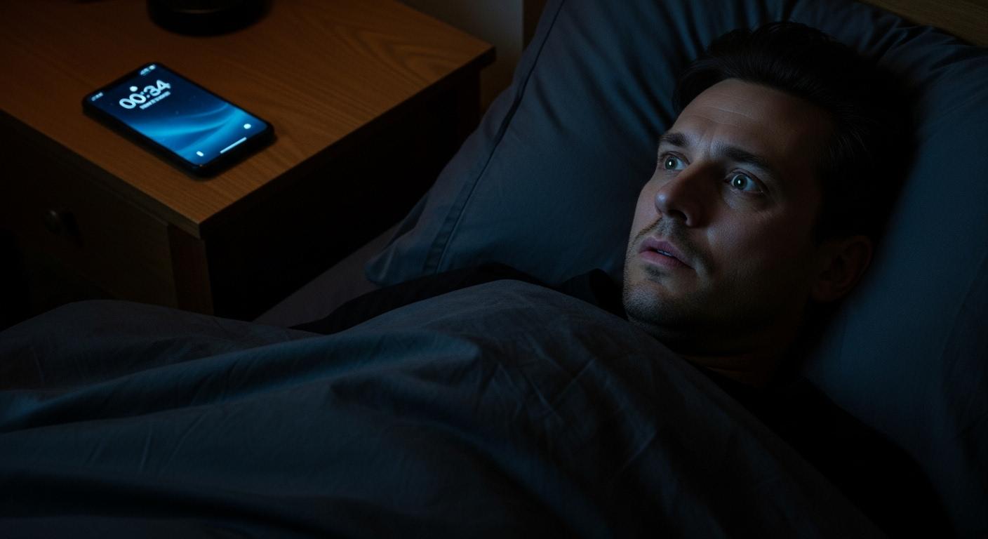 Un homme allongé dans un lit sombre, les yeux ouverts et le visage inquiet, fixant son téléphone posé sur la table de nuit, alors qu’il est minuit passé.