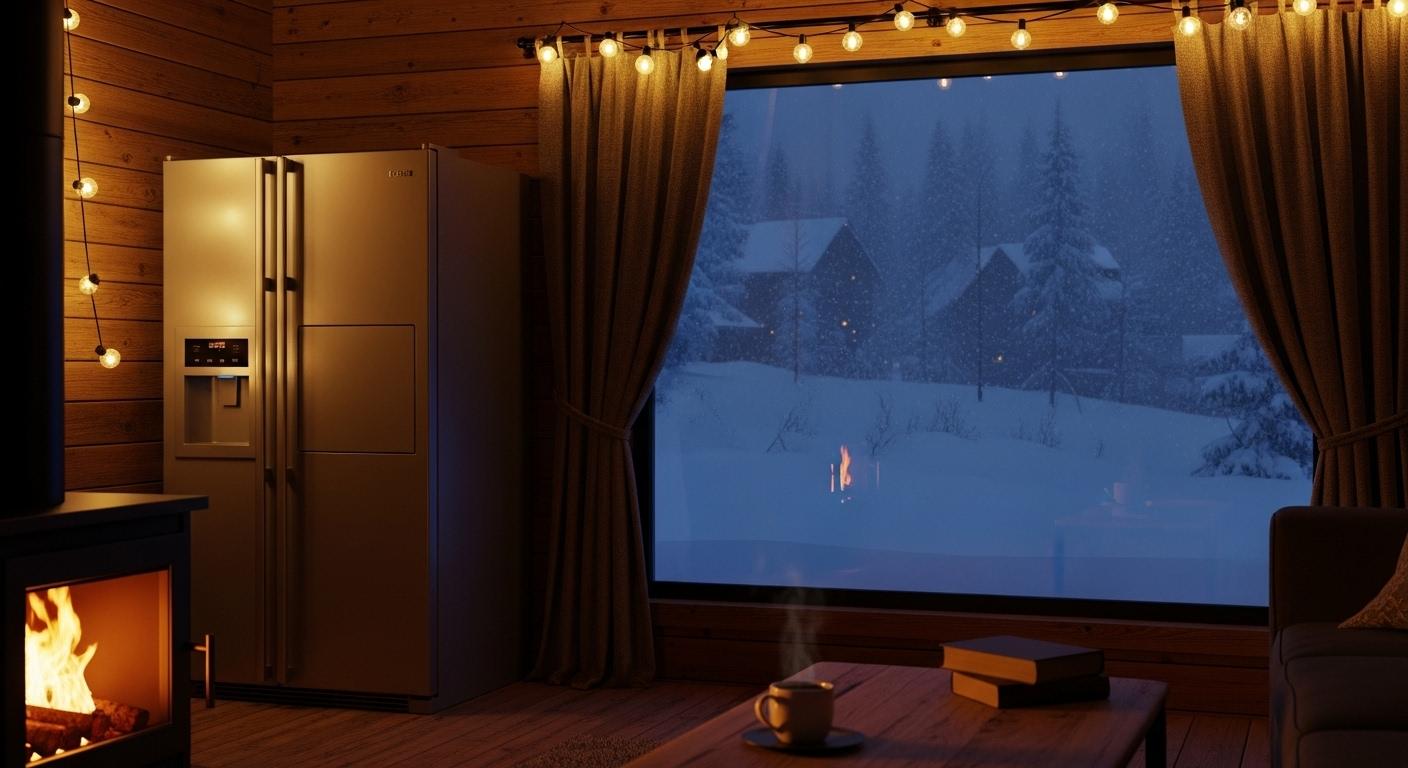 Intérieur d’une maison de montagne en hiver, éclairée par des lumières chaudes, avec un réfrigérateur fonctionnel et de la neige visible par la fenêtre, alors que les habitations voisines sont plongées dans l’obscurité.