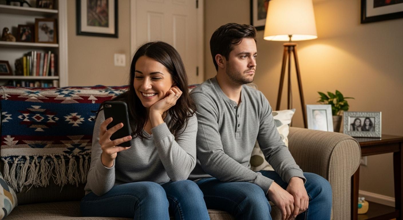 Un couple assis côte à côte sur un canapé, l’un regardant son téléphone en souriant à un message, l’autre affichant une expression de frustration et de solitude, dans un salon familial.
