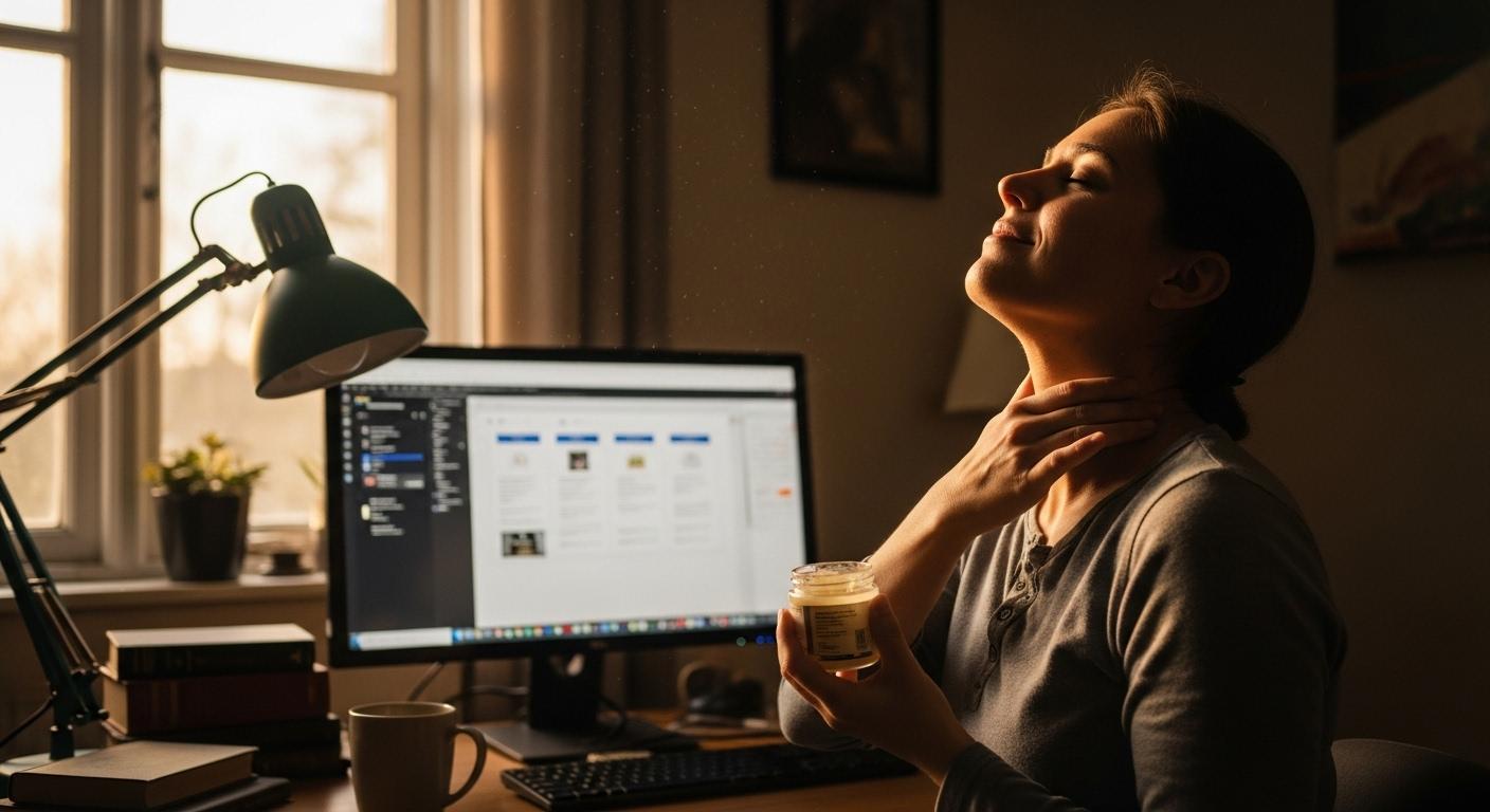 Une personne assise devant un ordinateur, se massant la nuque avec une pommade tout en exprimant un soulagement visible, dans un intérieur lumineux en fin de journée.