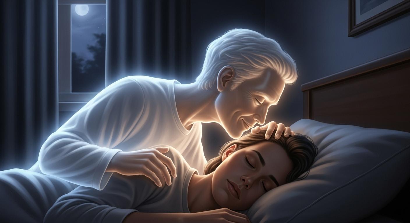 Une personne endormie dans son lit, le visage détendu, tandis qu'un être cher décédé, lumineux et souriant, s'approche doucement pour déposer un baiser réconfortant sur son front, dans une atmosphère nocturne paisible.